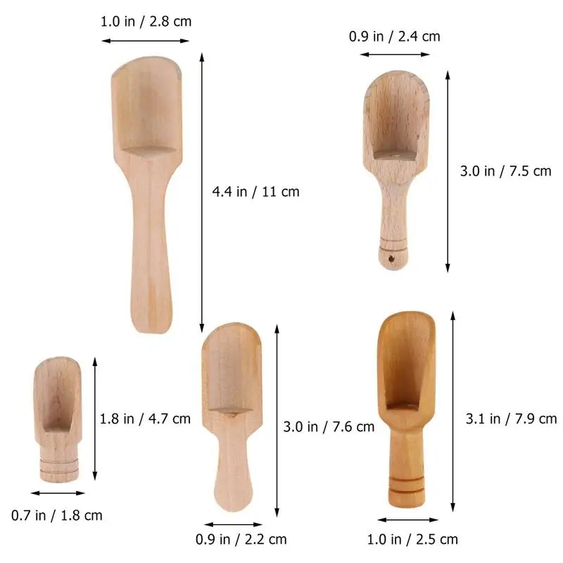 Set of 5 Mini Wooden Salt & Spice Scoops