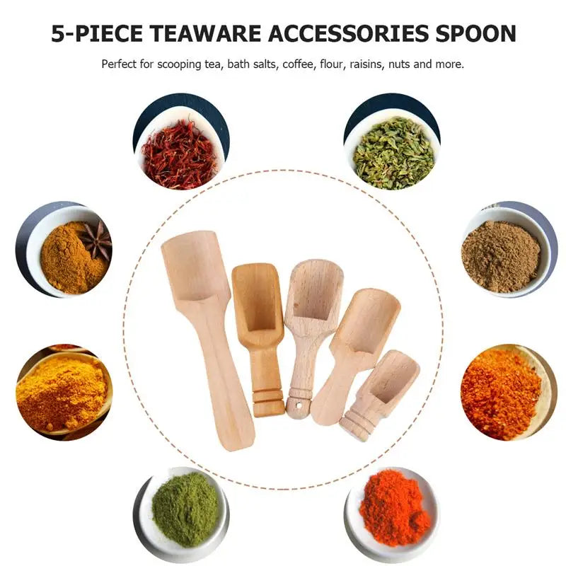 Set of 5 Mini Wooden Salt & Spice Scoops