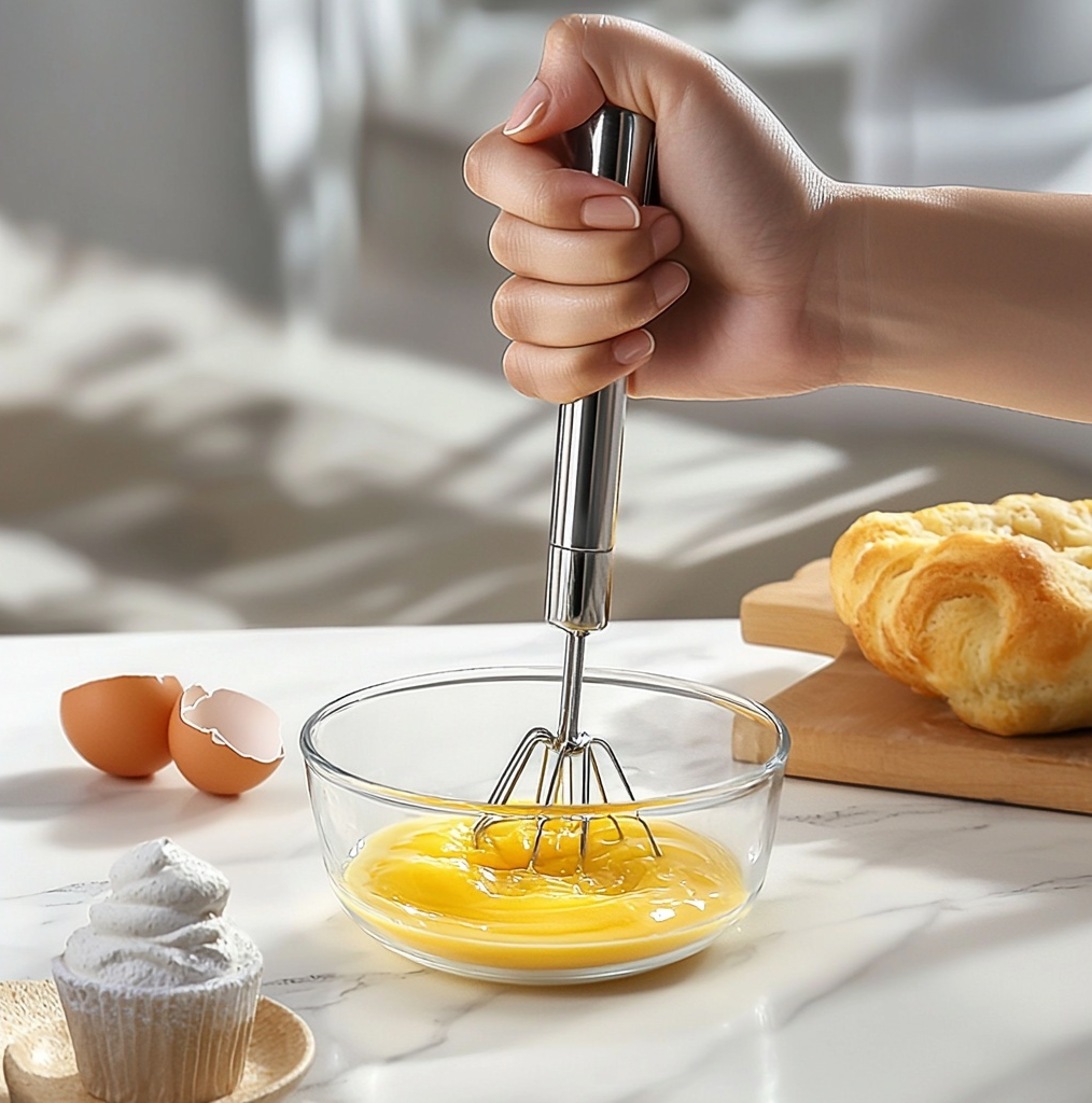 Stainless Steel Automatic Hand Whisk – Minimalist Self-Turning Egg Beater & Cream Mixer